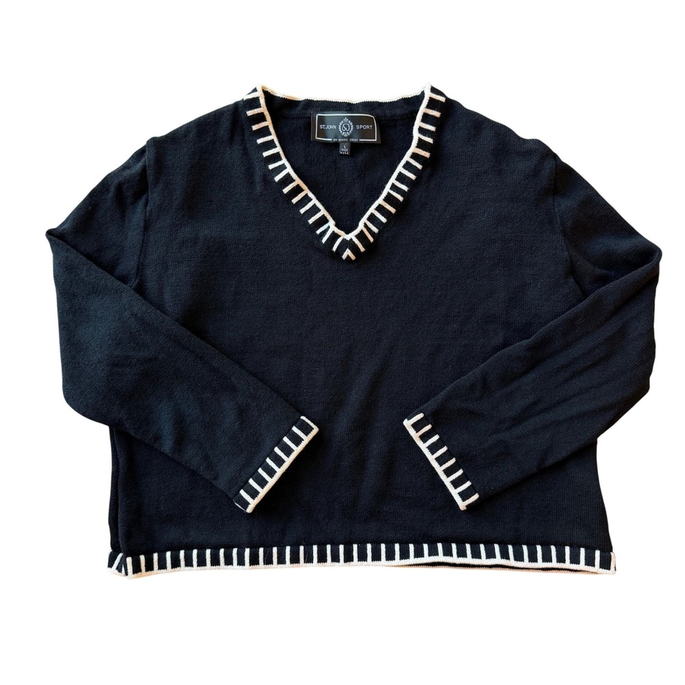 St John Sport By Marie Gray Black White Trim V-Neck Knit Wool Sweater Large